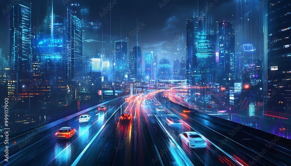 Poster futuristic smart city with connected infrastructure symbolizing iot ecosystem in urban environment