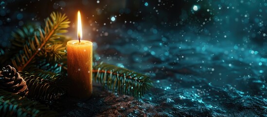 First Advent Candle Burns Dark Stone Background With Text Free Space