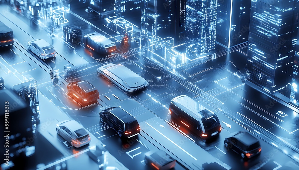 Poster Futuristic Smart City with Connected Infrastructure Symbolizing IoT Ecosystem in Urban Environment