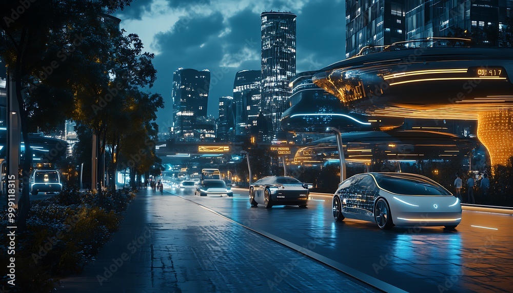 Poster futuristic smart city with connected infrastructure symbolizing iot ecosystem in urban environment