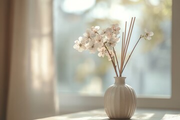 Aesthetic scent diffuser with delicate flowers in a beige vase enhancing a modern home interior atmosphere
