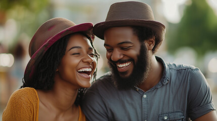 Czarnoskóra para w wieku trzydziestu lat, spędza czas na świeżym powietrzu, śmiejąc się i rozmawiając ze sobą.