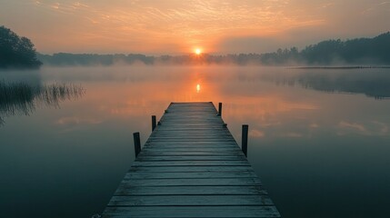 Fototapeta premium A lone wooden dock extends into a misty lake. It is perfect for depicting a sense of peace and solitude.