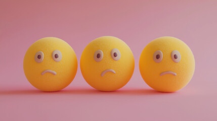 emotional, mood, apathy concept: three yellow balls with uninterested, blank faces arranged in a disjointed, slightly uneven pattern against an isolated soft pink background