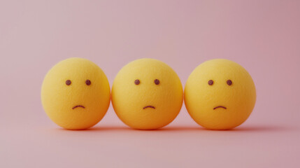 emotional, mood, apathy concept: three yellow balls with uninterested, blank faces arranged in a disjointed, slightly uneven pattern against an isolated soft pink background