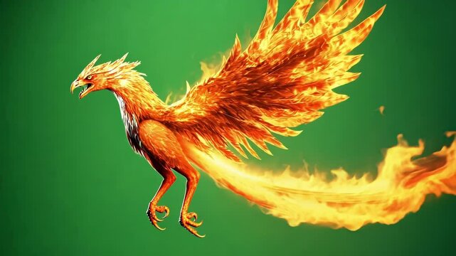 Majestic phoenix bird with its wings spread, engulfed in flames, soaring against a green screen background, perfect for visual effects and fantasy projects
