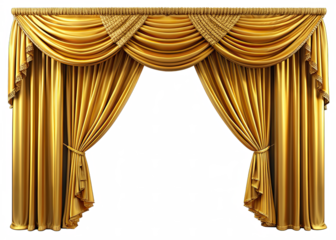 A pair of golden stage curtains drawn back to reveal a white background
