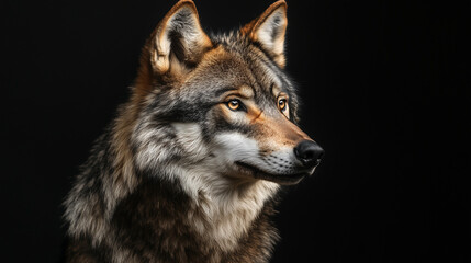 Obraz premium Dorosły wilk na czarnym tle, gdzie jego intensywne spojrzenie i mocna postura przyciągają uwagę. 