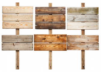 Six blank wooden signs with weathered finish arranged in rows on white background. Each sign is unique in shape and size, some more distressed than others