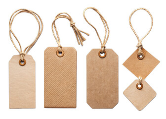 A set of blank brown paper gift tags with twine string. Each tag has a hole for attaching to a gift