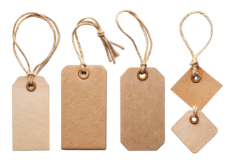 A set of blank brown paper gift tags with twine string. Each tag has a hole for attaching to a gift