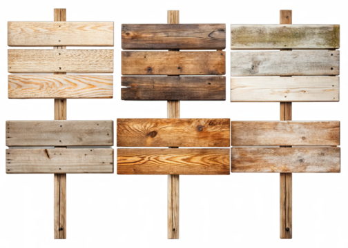 Six blank wooden signs with weathered finish arranged in rows on white background. Each sign is unique in shape and size, some more distressed than others