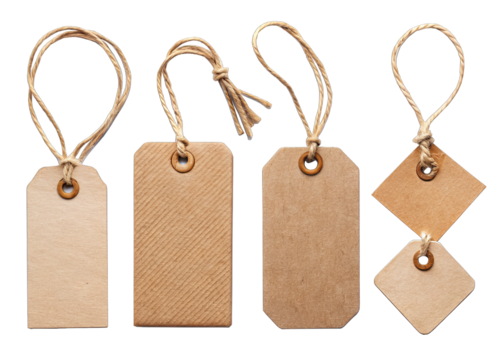 A set of blank brown paper gift tags with twine string. Each tag has a hole for attaching to a gift
