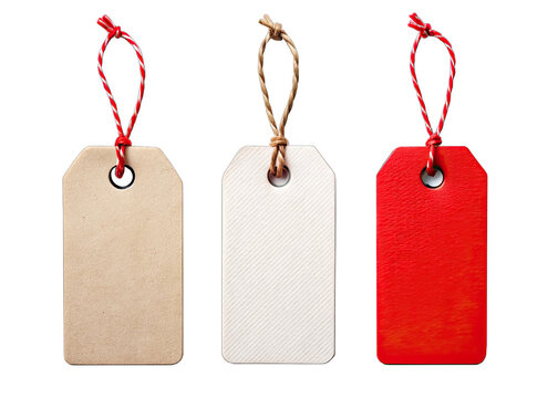 Three blank gift tags with twine or string hanging from them on a white background