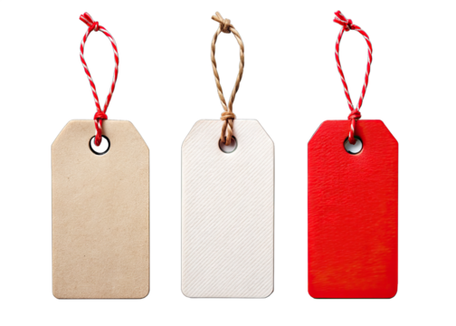 Three blank gift tags with twine or string hanging from them on a white background