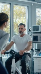 Obraz premium A middle-aged patient exercising on a stationary bike in a modern rehabilitation center during a light workout session