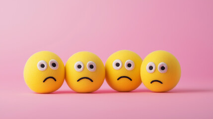 emotional, mood, fear concept: three yellow balls with wide, fearful eyes and frowning faces arranged in a huddled, nervous pattern against an isolated soft pink background