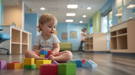 Toddler engaged in creative play with colorful educational blocks in a bright, child-friendly learning space