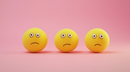 emotional, mood, feeling down concept: three yellow balls with drooping eyes and sad faces arranged in a slightly slumped, distanced pattern against an isolated soft pink background