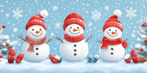 A festive winter scene featuring three adorable snowmen, each dressed in vibrant winter accessories. 