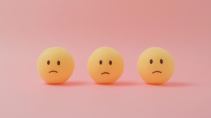 emotional, mood, nihilism concept: three yellow balls with blank, expressionless faces arranged in a flat, evenly spaced pattern against an isolated soft pink background