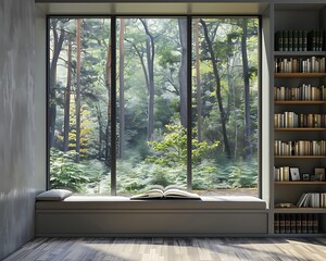 Window seat for reading, modern window with bookshelves, forest view, grey wall, minimalist house, daylight.
