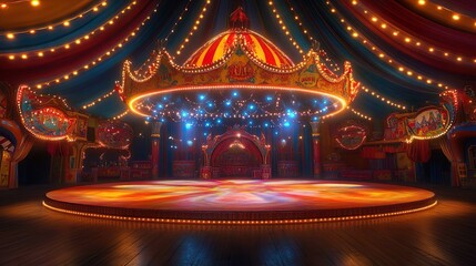 Round arena inside colorful carnival tent showcasing engaging amusement performances