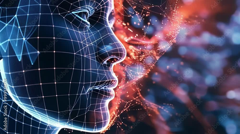 Poster abstract 3d wireframe face merging with glowing dots symbolizes ai and human brain integration, evok