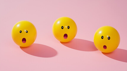 emotional, mood, surprise concept: three yellow balls with surprised faces arranged in a scattered, dynamic pattern against an isolated muted lemonsoft pink background