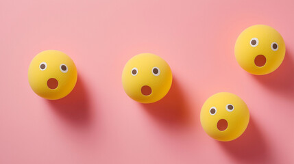 emotional, mood, surprise concept: three yellow balls with surprised faces arranged in a scattered, dynamic pattern against an isolated baby pinksoft pink background