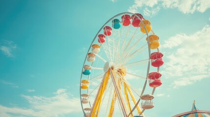 A colorful Ferris wheel against a blue sky. This image can be used for various purposes, including promoting amusement parks, carnivals, and summer fun.