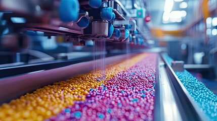 Fototapeta premium Colorful candies on a conveyor belt. This photo can be used to represent the process of candy manufacturing or the production of colorful products.