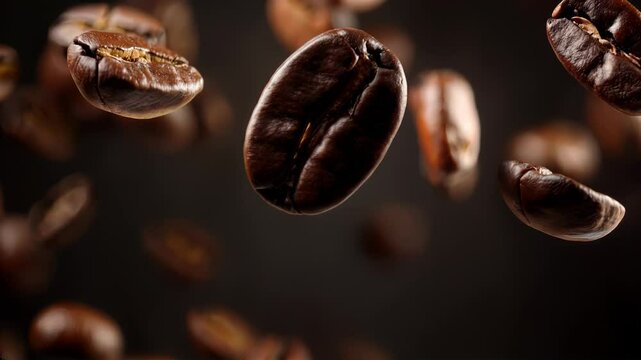 flying coffee beans in slow motion with detailed texture on dark background
