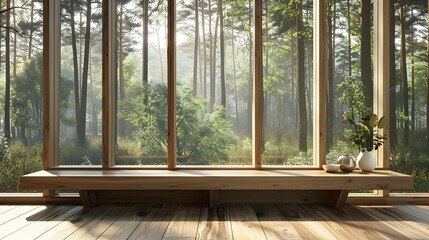 Window seat with wooden bench, panoramic windows, forest view, minimalist living room, Scandinavian home decor, 3D rendering, furniture display.