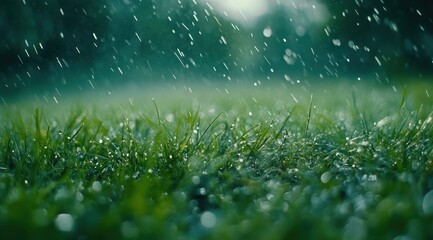 Obraz premium A photograph of a grassy field, with heavy rain falling on the lush, green lawn, and droplets of water splashing in mid-air. 