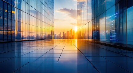 A stunning sunset reflects off glass skyscrapers, creating a serene urban landscape filled with light and modern architecture.