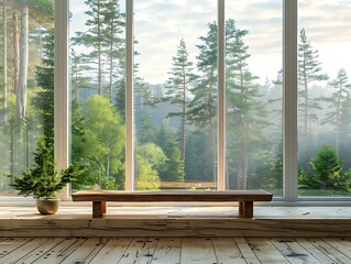 Window seat with wooden bench, panoramic windows, forest view, minimalist living room, Scandinavian decor, 3D rendering, furniture display.