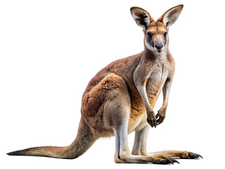 A red kangaroo sits on a white background. The animal is looking directly at the camera