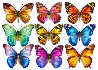 A set of twelve butterflies, each with unique colors and patterns, are displayed against a white background. They are shown in various poses, with their wings open and closed
