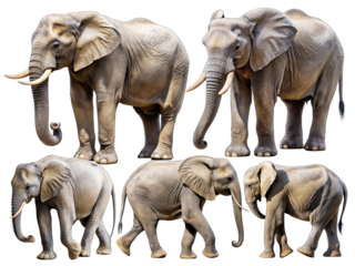 A group of five African elephants stands on a white background, their bodies captured in various postures. Some are walking forward, while others are standing still