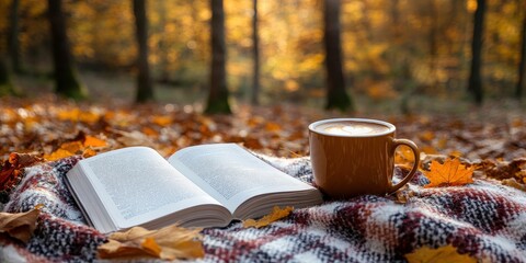 Cozy Book and Coffee on Plaid Blanket in an Autumn Forest