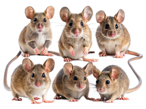 Six curious brown mice with long tails sit in a circle, looking at the camera against a white background