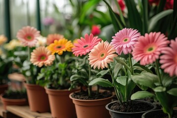 Fototapeta premium Gerbera daisies in pots with fresh soil. Perfect for spring and summer gardening and floral designs.