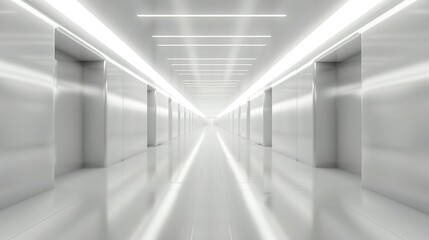 Obraz premium A Long, White Hallway with Bright Lights and Doors