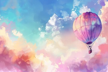 Obraz premium A colorful hot air balloon is flying high in the sky above a cloudy backdrop. generative ai image