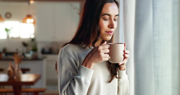 Aroma, window and coffee with woman in living room of house for morning routine, vision and idea. Relax, peace and memory with person and tea cup at home for wake up, inspiration and reflection