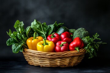 Freshly picked vibrant vegetables arranged in a wicker basket on a dark surface, inspiring healthy cooking