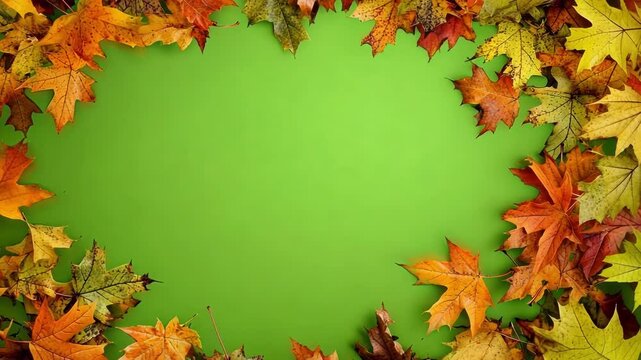 Vibrant arrangement of colorful autumn maple leaves forming a frame on a vivid green screen background, perfect for seasonal designs and creative projects