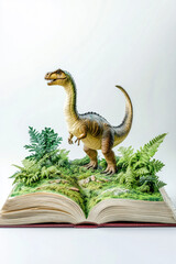 Fototapeta premium A realistic dinosaur figurine emerging from an open book with lush greenery, symbolizing the riveting journey through prehistoric times.