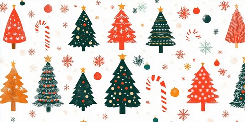 Obraz premium A cheerful and festive seamless pattern featuring a variety of illustrated Christmas trees in red and green hues, adorned with ornaments and stars.